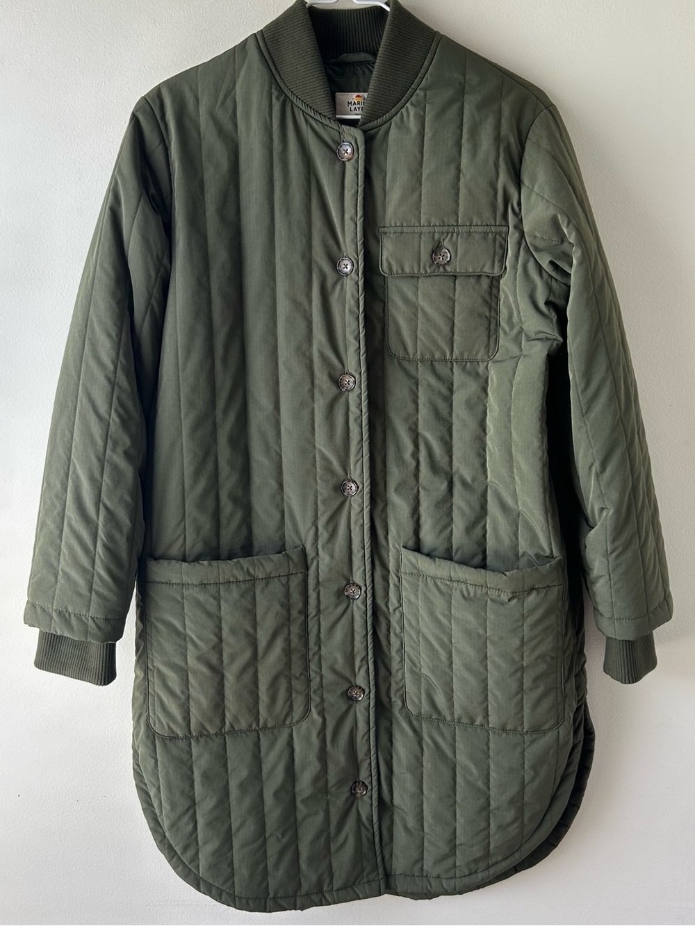 Marine Layer Elise Longline Puffer Jacket Coat Olive Green S